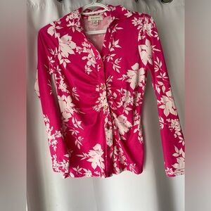 Majora Vibrant Pink Floral Women's button down gathered rouched Blouse size S